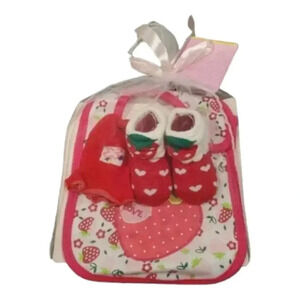 Baby Girls Bib Gift Set "Strawberry Love" Bib, Mittens, Socks baby Gift Set